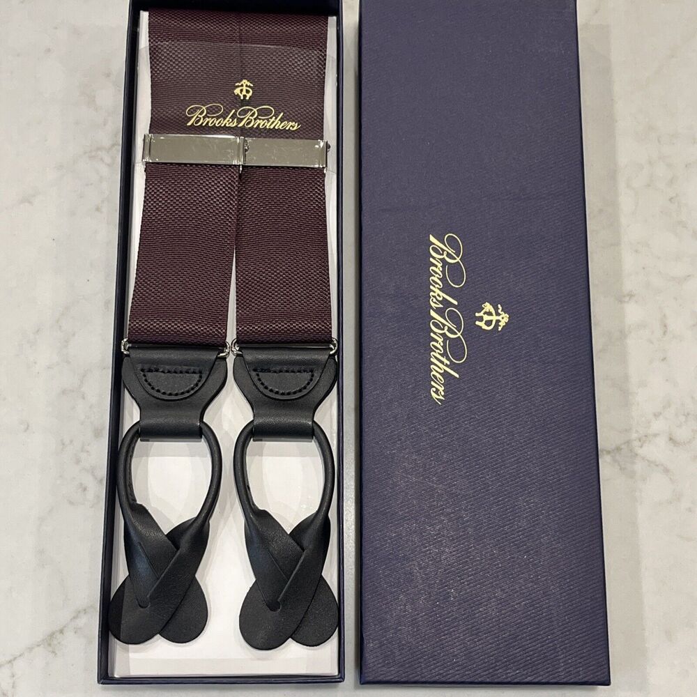 Brooks Brothers EXTRA LONG New Solid Maroon Nylon Leather Suspenders Sil…